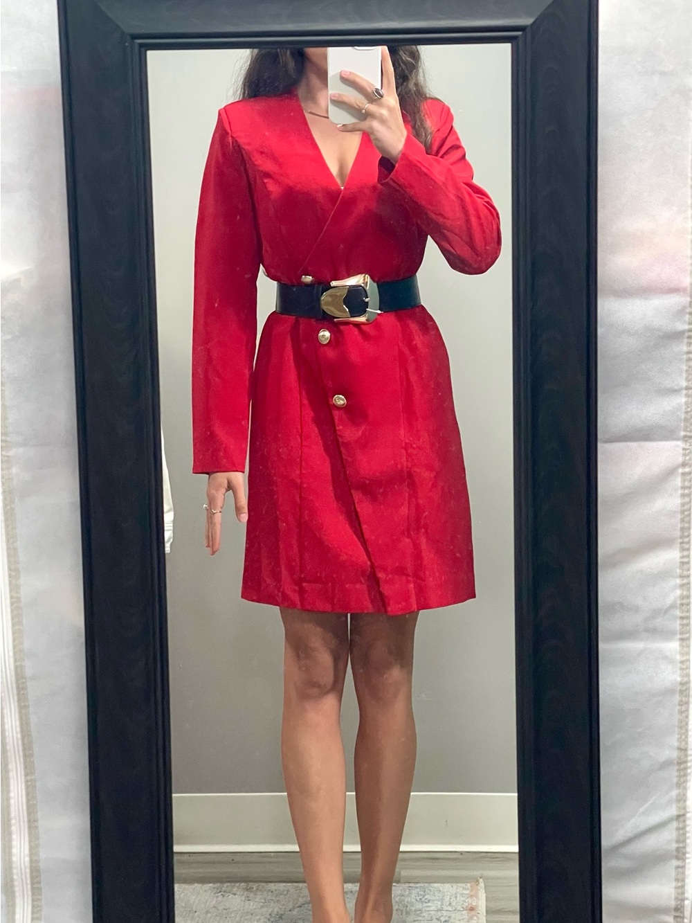 Red V-Neck Mini Dress with Gold-Accent Buttons